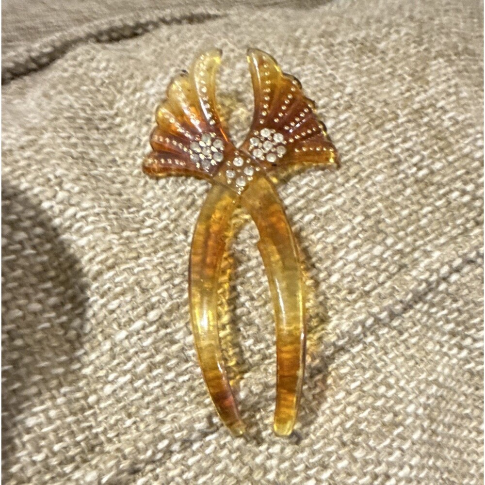 Art deco Gold Tone Shell Hair Comb Pick with Amber Color & Rhinestone Accent